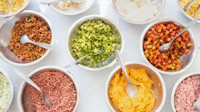 A bowl of fresh dog food next to a bowl of dry kibble on a kitchen counter