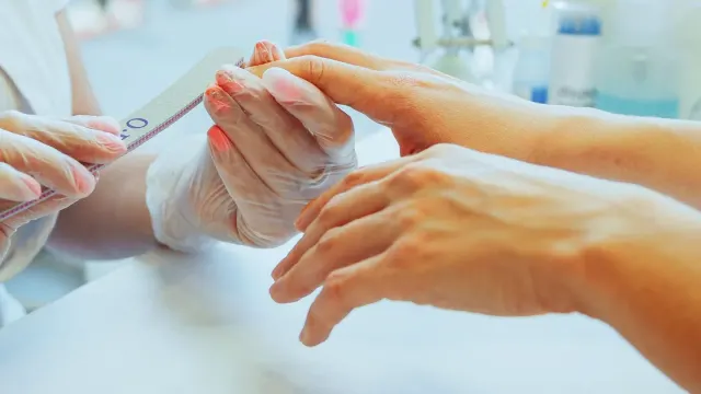 A dog's paw held gently while a nail grinder files the tip of one nail