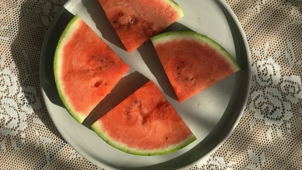 A dog sitting beside a picnic table watching an owner slice watermelon