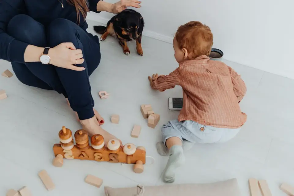 A dog working at a food puzzle toy on the floor