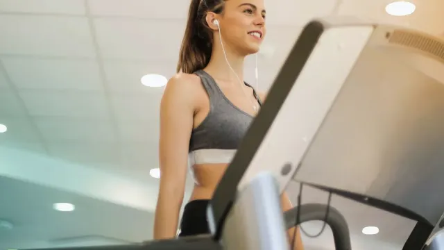 A mixed-breed dog trotting on a home treadmill next to its owner