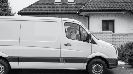 A mobile grooming van parked in a driveway with a groomer greeting a leashed dog