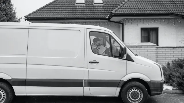A mobile grooming van parked in a driveway with a groomer greeting a leashed dog