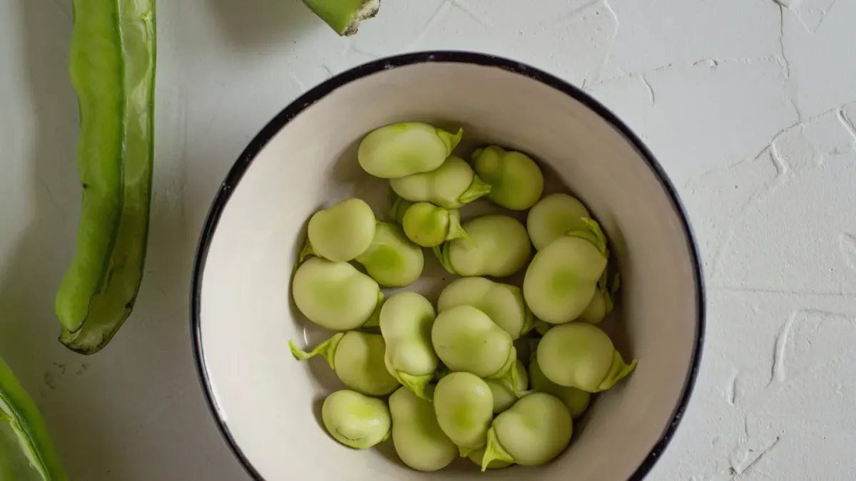 A small pile of fresh green beans next to a dog's stainless steel food bowl