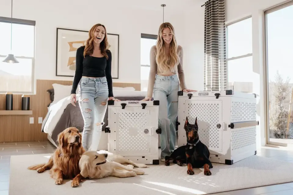An exercise pen set up indoors with an open crate, water bowl, and chew toys inside