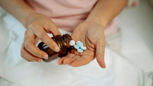 An older dog resting near a hand holding a small vitamin bottle