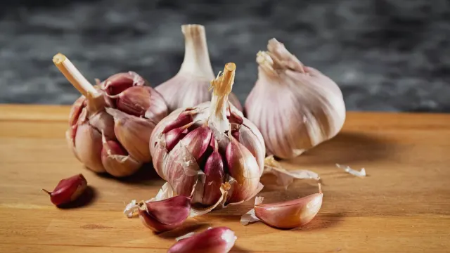 Chopped garlic cloves on a cutting board beside a dog's empty food bowl
