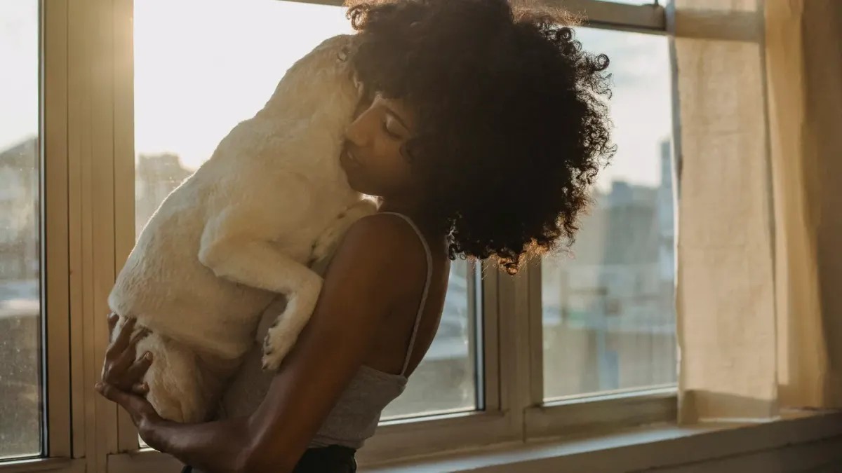 Dog in kitchen with owner