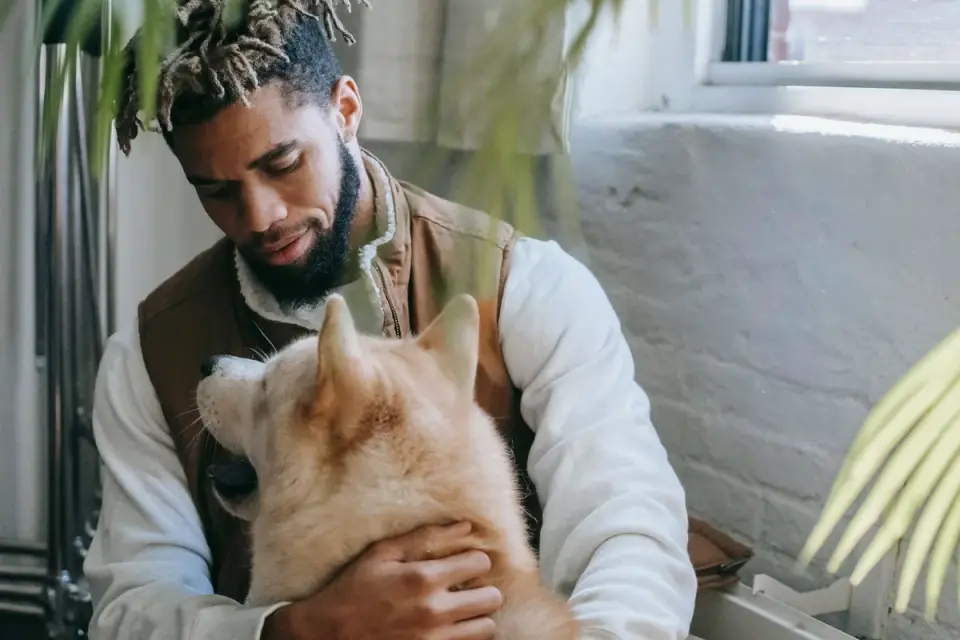 Dog in kitchen with owner
