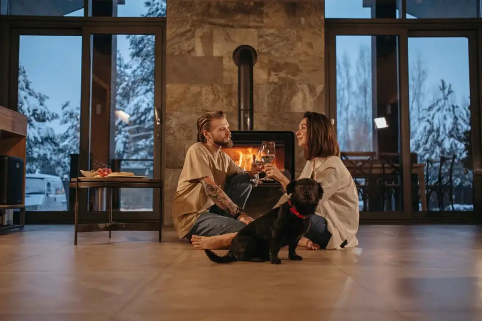 Dog near a fireplace