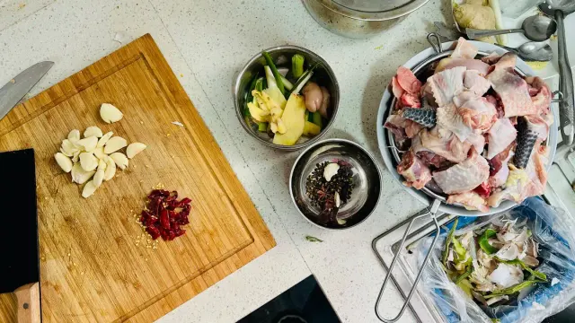 Dog owner preparing a meal