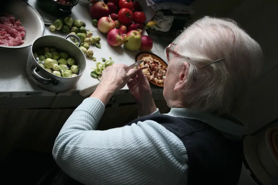 Small senior dog eating calmly from a ceramic bowl in a kitchen