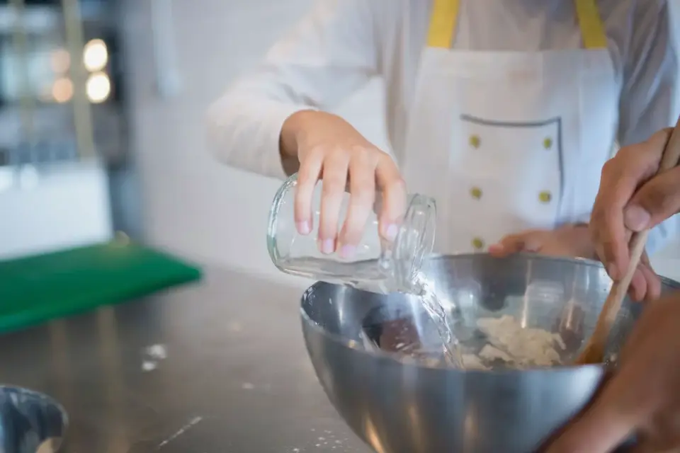 Water being poured over dry kibble in a stainless steel dog bowl